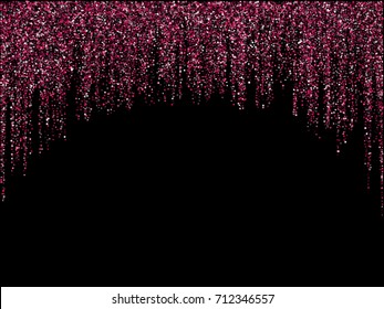 Vector holiday lights shiny vertical line garland glitters background. Vertical garlands of glowing sparkles on dark background. Abstract christmas confetti shining lights pattern. Festoons dangling.