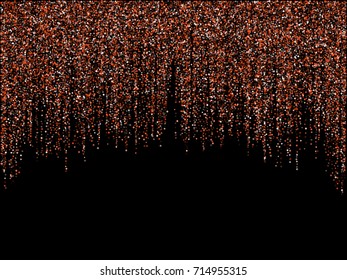 Vector holiday lights shiny vertical line garland glitters background. Vertical garlands of glowing sparkles on dark background. Abstract christmas confetti shining lights pattern. Festoons dangling.