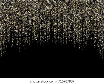 Vector holiday lights shiny vertical line garland glitters background. Vertical garlands of glowing sparkles on dark background. Gold and silver christmas confetti shining lights, festoons dangling.