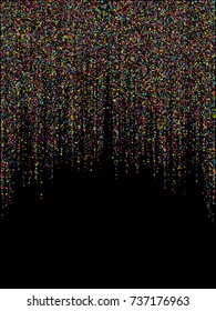 Vector holiday lights shiny vertical line garland glitters background. Vertical garlands of glowing sparkles on dark background. Abstract christmas confetti shining lights pattern. Festoons dangling.