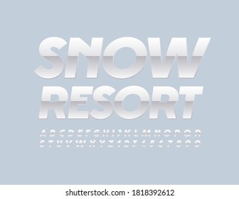 Logo de feriado vectorial Snow Resort. Fuente blanca brillante. Estilo decorativo Alfabeto Letras y números establecidos