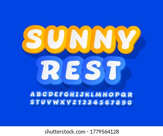 Vector holiday logo Sunny Rest. Creative sticker Font. Blue and White Alphabet Letters and Numbers