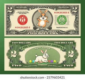 Vector holiday lucky banknote of 2 US dollars. Happy Easter. Cheerful funny cartoon kind fluffy jumping chubby rabbits. Cute plump bunnies. Obverse and reverse of note. Cuddly animal