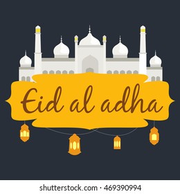 vector holiday named Eid Al Adha/ Festival of Sacrifice label. lettering composition of muslim holy month with mosque building, sparkles and glitters illustration