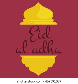 vector holiday named Eid Al Adha/ Festival of Sacrifice label. lettering composition of muslim holy month with mosque building, sparkles and glitters illustration