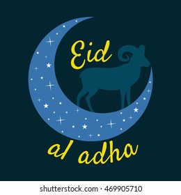 vector holiday named Eid Al Adha/ Festival of Sacrifice label. lettering composition of muslim holy month with mosque building, sparkles and glitters illustration