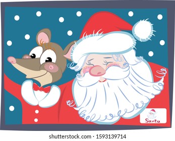 Vector holiday New Year card illustration with stylized funny mouse, a rat - the symbol of 2020 Chinese New Year, Santa Claus with a badge who take selfies on the background of falling snow