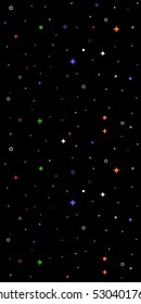 Vector holiday pattern background. Black vector seamless fill. Composition with simple shapes, rings, stars, flashes. Hipster template design. Abstract geometric print. Vertical colorful backdrop. EPS