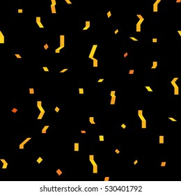 Vector holiday pattern background. Black vector seamless fill. Composition with serpentine, confetti, stars, flashes. Hipster template design. Abstract geometric print. Golden backdrop. Zigzags EPS.