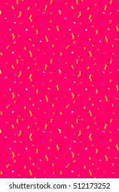 Vector holiday pattern background. Pink vector seamless pattern. Composition with serpentine, confetti, stars, flashes. Hipster pattern ground. Abstract geometric print. Colorful backdrop. Vertical