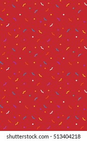 Vector holiday pattern background. Red vector seamless print. Ground with simple shapes, rings, stars, flashes. Hipster priming backdrop. Abstract geometric filling. Colorful elements. Vertical Zigzag