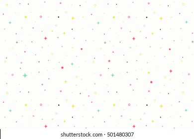 Vector holiday pattern background. White vector seamless pattern. Background with simple shapes, rings, stars, flashes. Hipster pattern background. Abstract geometric pattern. Colorful background