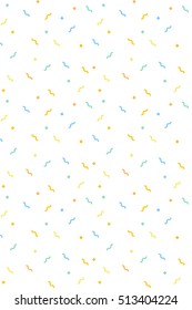 Vector holiday pattern background. White vector seamless print. Ground with simple shapes, rings, stars, flashes. Hipster priming backdrop. Abstract geometric filling. Colorful elements. Vertical.