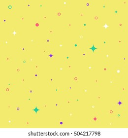 Vector holiday pattern background. yellow vector seamless pattern. Background with simple shapes, rings, stars, flashes. Hipster pattern background. Abstract geometric pattern. Colorful background