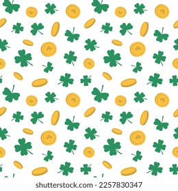 Vector holiday pattern with gold coins and clover. Isolated on a white background. Seasonal design for St. Patrick's Day, children's textiles, covers