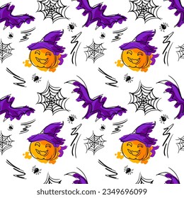 Vector holiday pattern. October 31. Halloween. Halloween seamless pattern. Orange. Violet. Traditions. America. October. Autumn holidays. Pumpkin. Bat. Boo.