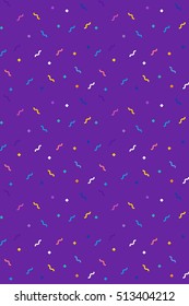 Vector holiday pattern. Purple seamless background with shapes, rings, stars, flashes. Modern hipster Mardi Gras design. Abstract geometric decoration. Brazilian Masquerade in Rio