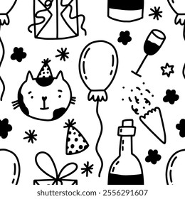 Vector holiday pattern. Seamless background for Birthday, Christmas and New Year party with cat, presents, balloons. Hand drawn doodle art