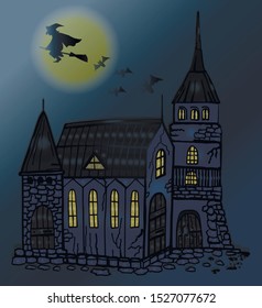 vector holiday plot halloween witch flying on a broomstick from an old castle bats scary night big moon evening magic