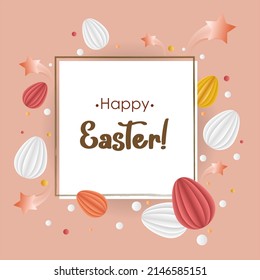 Vector holiday postcard "Happy Easter!" with multicolor volumetric easter eggs in paper cut style, stars and drops on pink background