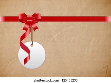 Vector holiday postcard old paper background with silky ribbon and hanging round tag