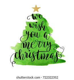 Vector Holiday Poster with Christmas tree and lettering text We Wish You a Merry Christmas. Watercolor painted abstract christmas tree