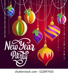 Vector holiday poster for Happy New Year on red background. Handwritten inscription. Lettering design. Illustration with Christmas tinsel.