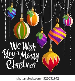 Vector holiday poster for Happy New Year on black background. Handwritten inscription. Lettering design. Illustration with Christmas tinsel and multicolor balls.