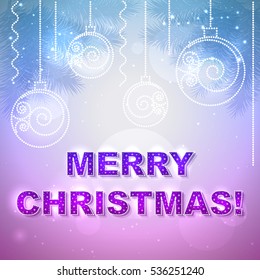 Vector holiday present card with Merry Christmas text on it and with Christmas balls.