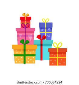 vector holiday present colored gift boxes, packaging pile. Flat cartoon isolated illustration on a white background. Christmas, new year birthday gift concept