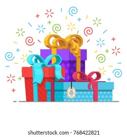 vector holiday present colored gift boxes, packaging pile. Flat cartoon isolated illustration on a white background. Christmas, new year birthday gift concept
