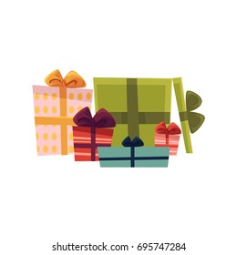 vector holiday present gift boxes, packaging pile. Flat cartoon isolated illustration on a white background. Christmas, new year birthday gift concept