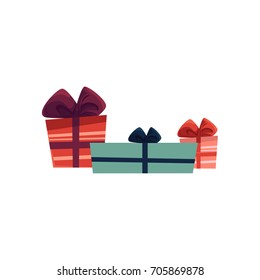 vector holiday present gift boxes, packaging pile. Flat cartoon isolated illustration on a white background. Christmas, new year birthday gift concept
