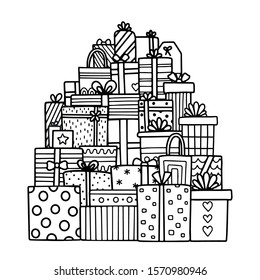 Vector holiday presents. Coloring page with doodle gift boxes. Graphic illustration. Outline. Isolated on white background. 