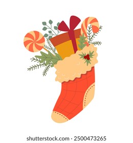 Vector holiday print isolated on a white background. Nice Christmas stocking with a gifts and sweets. Happy New Year card with sock decorated holly branch.