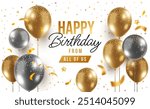 Vector holiday realistic template design of shine golden and silver air helium balloon on white background with confetti. 3d happy birthday illustration with flying balloon and text for greeting card