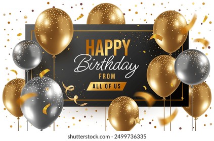 Vector holiday realistic template design of golden and silver air helium balloon on white background. 3d happy birthday illustration with flying balloon and text for greeting card, party banner