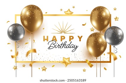 Vector holiday realistic template design of golden and silver air helium balloon on white background with star. 3d happy birthday illustration with flying balloon and text for greeting card, banner