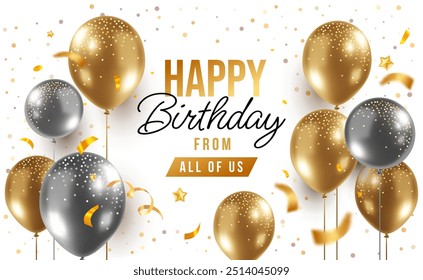 Vector holiday realistic template design of shine golden and silver air helium balloon on white background with confetti. 3d happy birthday illustration with flying balloon and text for greeting card