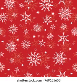 Vector holiday red hand drawn christmass snowflakes repeat seamless pattern background. Can be used for fabric, wallpaper, stationery, packaging.