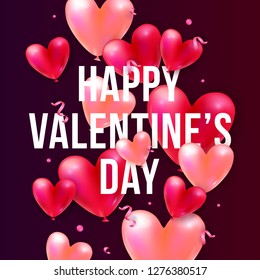 Vector holiday romantic illustration with realistic 3D flying bunch of air balloon hearts, confetti particles and ribbons. Trendy Valentine's Day invitation, poster or festive greeting card