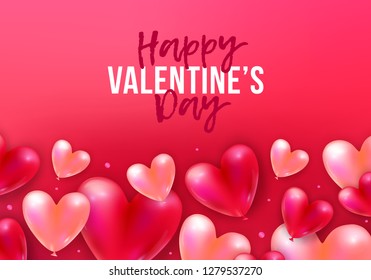 Vector holiday romantic illustration with realistic 3D flying bunch of air balloon hearts, confetti particles and ribbons. Trendy Valentine's Day invitation, poster or festive greeting card
