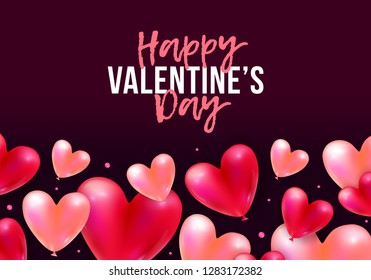 Vector holiday romantic illustration with realistic 3D flying bunch of air balloon hearts, confetti. Trendy Valentine's Day invitation, poster or festive greeting card