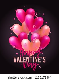 Vector holiday romantic illustration with realistic 3D flying bunch of air balloon hearts, confetti and ribbons. Trendy Valentine's Day invitation, poster or festive greeting card