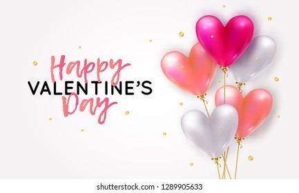 Vector holiday romantic illustration with realistic 3D flying bunch of air balloon hearts, confetti. Trendy Valentine's Day invitation, poster or festive greeting card