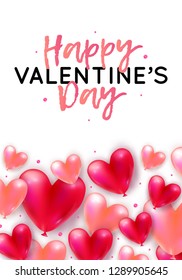 Vector holiday romantic illustration with realistic 3D flying bunch of air balloon hearts, confetti. Trendy Valentine's Day invitation, poster or festive greeting card
