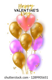 Vector holiday romantic illustration with realistic 3D flying bunch of air balloon hearts, confetti and ribbons. Trendy Valentine's Day invitation, poster or festive greeting card