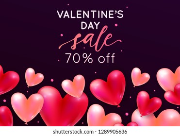 Vector holiday romantic sale illustration with realistic 3D flying bunch of air balloon hearts, confetti. Trendy Valentine's Day flyer, banner, poster, brochure or voucher discount