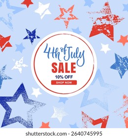 Vector holiday sale banner design template for USA Independence Day 4th of July. Stars with grunge texture on blue background. Party invitation frame, poster background with empty space