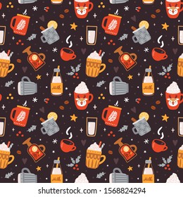 Vector holiday seamless pattern with cute mugs. Winter repeated texture with holiday drinks: mulled wine, hot cocoa, milk, hot tea and coffee. Wrapping paper design. Happy new year.